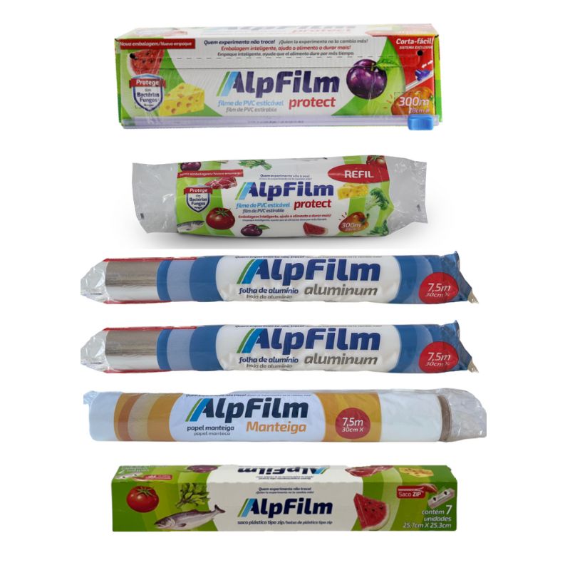 Combo dobradinha P + Alumínio + Papel Manteiga + Alpfilm Zip Lock G (1 unidade de Trilho + 1 unidade refil 28cm x 300m + 2 unidades Papel alumínio 30cm x 7,5m + 1 Papel Manteiga 30cm X 7,5m + 1 unidade Zip Lock 25,7cm x 25,3cm - 07 un por embalagem) - C39